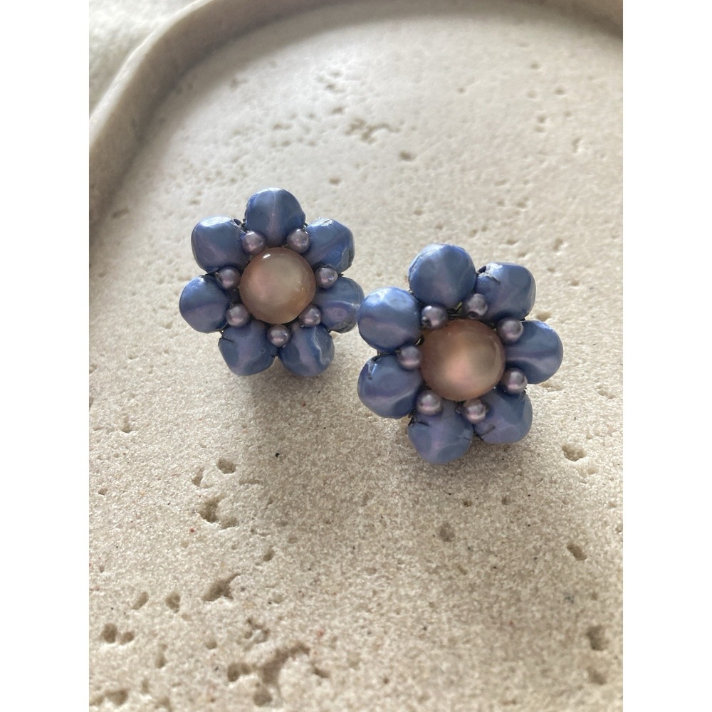 Vintage Japan Blue Flower Clip On Earrings Faux Pearl Floral Purple Bead Elegant
